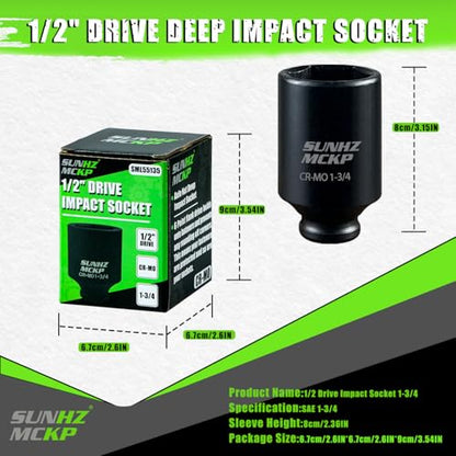 SUNHZMCKP 1/2 Inch Drive Impact Socket, SAE 1-3/4 In Deep Socket, CR-MO, 6 Point Axle Nut Socket for Easy Removal of Axle Shaft Nuts (1-3/4) - color: Sae, size: 1-3/4 inch