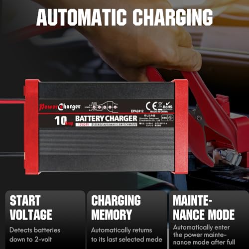 12V/24V 10A Smart Battery Charger, Automatic Battery Charger with Overcharge Protection,Battery Maintainer,LED Indicator&SAE Connector for SLA AGM Gel Wet Lead Acid deep Cycle Batteries