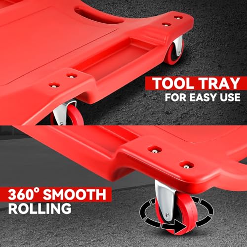 Auto Dynasty 36 Inches Mechanic Creeper, Automotive Garage Repair Low Profile Under Car Rolling Creeper with Padded Headrest, Plastic, Red - color: Red, size: 36" L