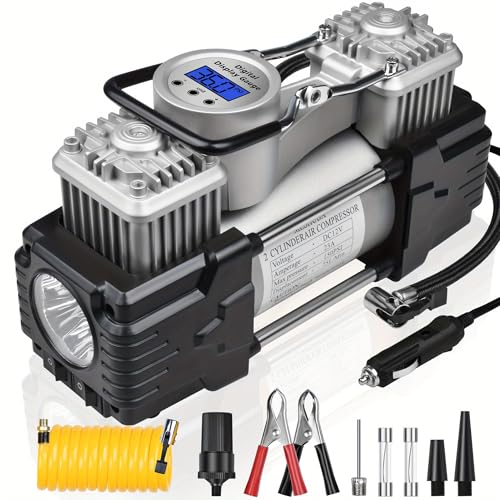 Dual Cylinder Tire Inflator Air Compressor, 150 PSI 12V DC Portable Air Pump with Digital Display, LED Flashlight, Auto Shut-Off, Heavy Duty for Truck, SUV, Car, RV (SILIVER) - color: Siliver