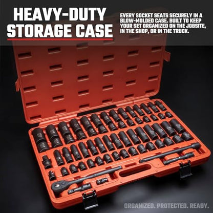 NEIKO 02448A 1/2" Drive Master Impact Socket Set, 65 Piece, Standard SAE (3/8"-1-1/4") & Metric (10-24 mm) Sizes, Deep & Shallow Kit, Includes Adapters & Ratchet Handle