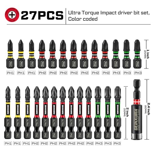 Geinxurn Impact #1#2#3 Phillips Screwdriver Bits Set, 26pcs 1” 2” (PH1/PH2/PH3) Magnetic S2 Steel Driver Bits Set and 1pc Impact Bit Holder with Color Coded Base - size: 27pcs-PH-A