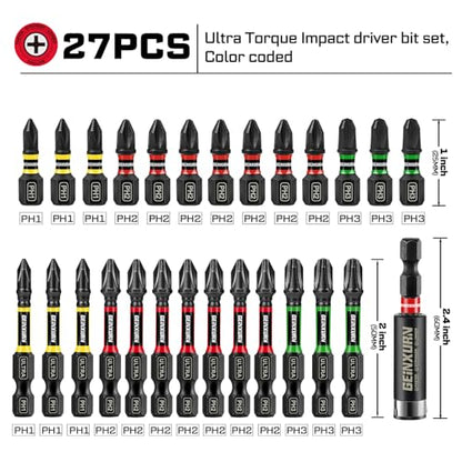 Geinxurn Impact #1#2#3 Phillips Screwdriver Bits Set, 26pcs 1” 2” (PH1/PH2/PH3) Magnetic S2 Steel Driver Bits Set and 1pc Impact Bit Holder with Color Coded Base - size: 27pcs-PH-A