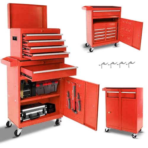 Rolling Tool Chest - 5 Drawers Tool Box Organizer with Lockable Wheels, Sliding Drawers, Detachable Top Tool Box - Tool Storage Cabinet for Garage Workshop, Red - color: Red, size: 5 Drawers