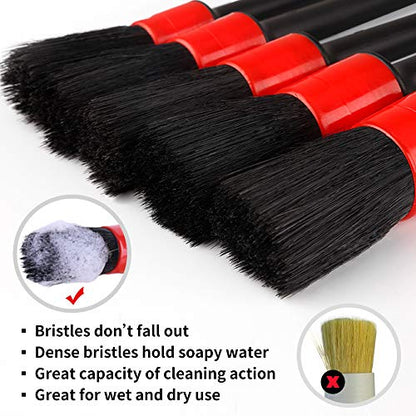 Detailing Brush Set - 10 Pcs Detail Brushes Car Detailing, Auto Boar Hair Car Detailing Kit for Cleaning Interior Exterior - Vehicles Wheels Leather Engine Dashboard - color: Car Detail Brushes Black+red