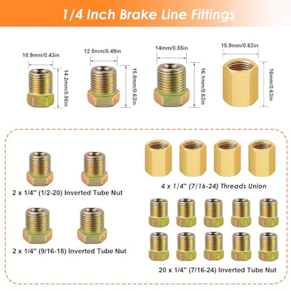 25 ft 1/4Inch Copper Coated Brake Line Kit(Includes 24 Fittings and 4 Unions) with Double & Single Flaring Tool Kit - size: 1/4 Inch Gold, style: Brake Line Kit