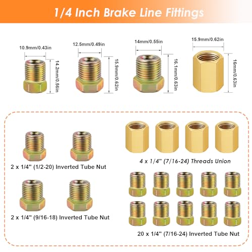 25 ft 1/4Inch Copper Coated Brake Line Kit(Includes 24 Fittings and 4 Unions) with Double & Single Flaring Tool Kit - size: 1/4 Inch Gold, style: Brake Line Kit