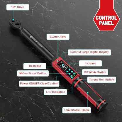 SUERCUP 1/2" Digital Torque Wrench (4.4-295 Ft.lb / 6-400Nm) for Auto/Truck | ±1% Accuracy, Electronic Torque Wrench, Vibration/Buzzer/LED Alerts, 9 Presets & 5 Units, for Truck, Trailer & Heavy-Duty - size: 1/2" 4.4-295 Ft.lb/6-400N.m