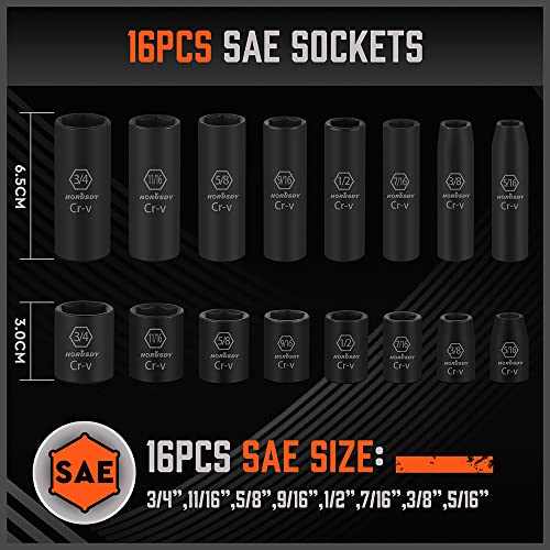 HORUSDY 50-Piece 3/8" Drive Impact Socket Set, Standard SAE (5/16 to 3/4 inch) and Metric (8-22mm) Size, 6 Point, Cr-V, 3/8-Inch Drive Ratchet Wrench, Drive Extension Bar, Impact Universal Joint - style: 50PC 3/8" Master Kit