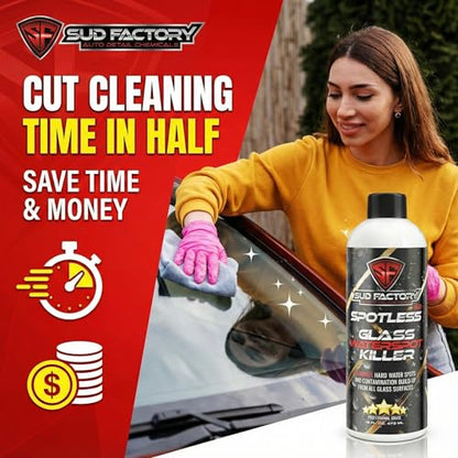 Sud Factory Hard Water Spot Remover for Glass Spotless X2 - Removes Water Stains from Shower Doors, Car Windows, Windshields - Professional Strength 16oz