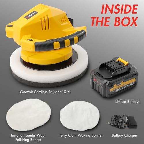 Wagan EL6404 OneVolt Cordless Polisher 10 XL Dual Action 10 Inch Buffer Kit with Dual-Handle, 6 Variable Speed 1500–3000 RPM, Includes 21V 3.0Ah Rechargeable Battery for Car Waxing and Detailing