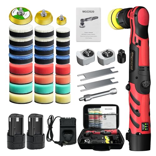 Cordless Mini Polisher,1/1.5/2Inch,DA&RO with 11 Variable Speed 2500-6000 RPM,2 * 2.3Ah Rechargeable Batteries,Red Car Detailing Micro Polisher