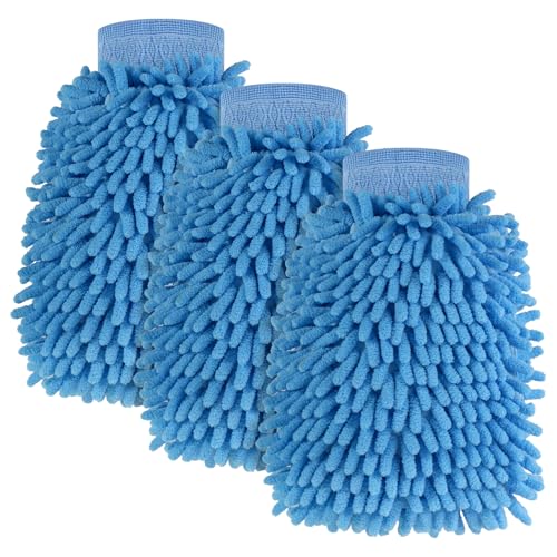 3 Pack Chenille Microfiber Car Wash Mitt, 7" x 9.6", Blue | Car Washing Mitts, Home Dusting Gloves, Scratch Free Lint-Free, Highly Absorbent, Double Sided, for Cleaning Detailing Polish - color: Blue