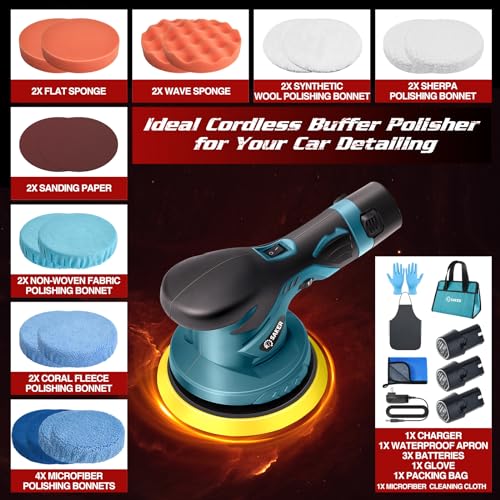 Saker Cordless Car Buffer Polisher - 6 Inch Portable Polishing Waxer Machine Kit for Car Detailing, with 3PCS 12V 2000mAh Batteries, Cloth, Bag, Gloves, Extends to 22 Attachments - style: BUFFER POLISHER +3 BATTERIES+BAG