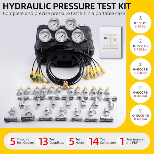 Hydraulic Pressure Test Kit with 5 Gauges(Max 10000 PSI), 13 Test Couplings 14 Tee Connectors 5 Test Hoses, Hydraulic Gauge Tester Set for Excavator, Construction, Machinery, and Mine - style: 5 Gauge Test Kit