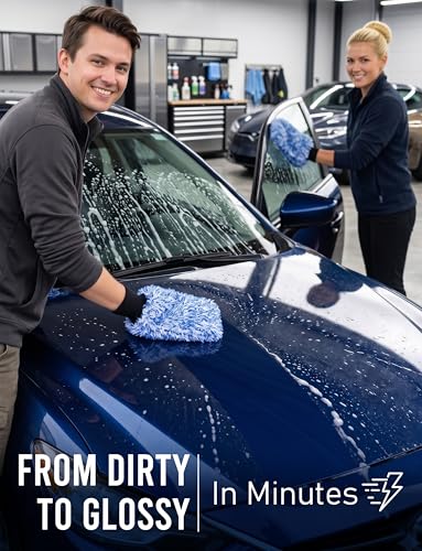 TAKAVU Car Wash Mitt, 2 Pack Microfiber, Scratch-Free (Blue) | Soft Lint-Free Wash Gloves Hold Sudsy Water for Auto Detailing, Machine Washable, Safe on Paint & Coat - color: Blue & White