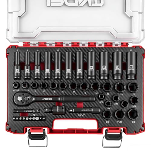 LLNDEI 3/8" Drive Impact Socket Set (Metric & Sae) 45Pcs | Transparent Case and EVA Foam Insert, Cr-V Material, Automotive Engine and Daily Home Repair, Engine Repair, Tire Changes