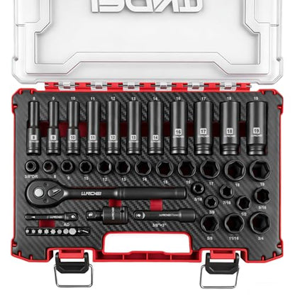 LLNDEI 3/8" Drive Impact Socket Set (Metric & Sae) 45Pcs | Transparent Case and EVA Foam Insert, Cr-V Material, Automotive Engine and Daily Home Repair, Engine Repair, Tire Changes