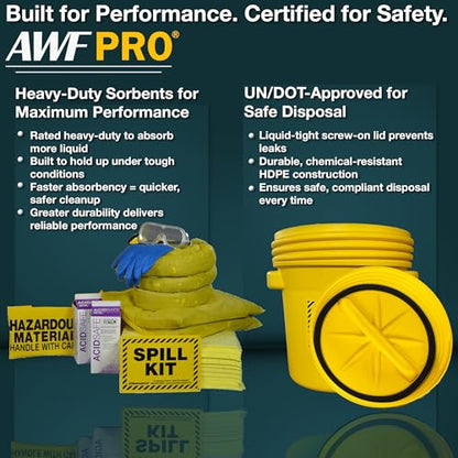 AWF PRO 20 Gallon Battery Acid Spill Kit, 59 Pieces | Includes DOT Approved 20 Gallon Drum, Sorbent Socks, Pads, & Pillows, & Accessories - size: Battery Acid Spill Kit