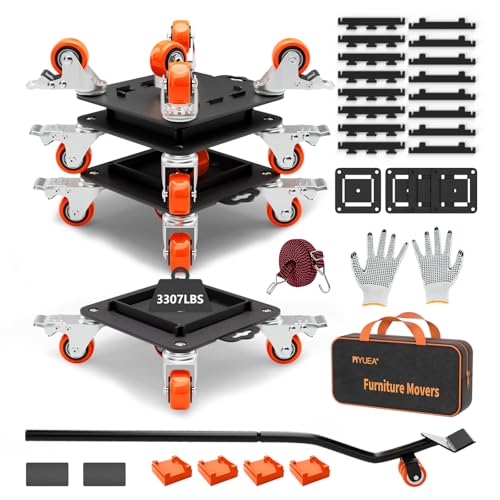 MYUEA Heavy Duty Furniture Dolly, 5 Wheels with Removable Side Guards, 3307 Lbs Capacity, 360 Rotating Wheels & Tail Brake, Orange, Carbon Steel - color: Orange, size: 1.57 in wheels