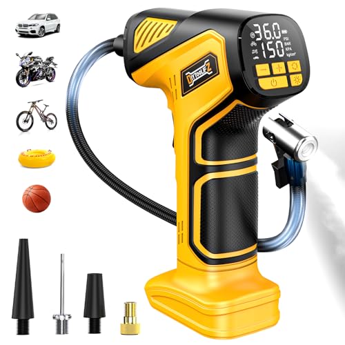 DIYtoolifz 150PSI Cordless Tire Inflator Compatible with Dewalt 20V Battery | Portable Air Compressor Pump Car Tire Pump with Digital Pressure Gauge & LED Light for Auto, Motorcycles, Balls (Tool Only) - color: Yellow- Compatible With Dewalt 20v(baretool)
