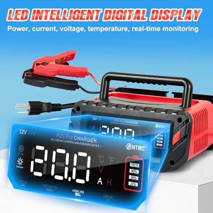 20A 12V/24V LiFePO4 Lead-Acid Battery Charger, Fully Automatic Battery Maintainer for AGM, STD, Gel, and Deep-Cycle Batteries.