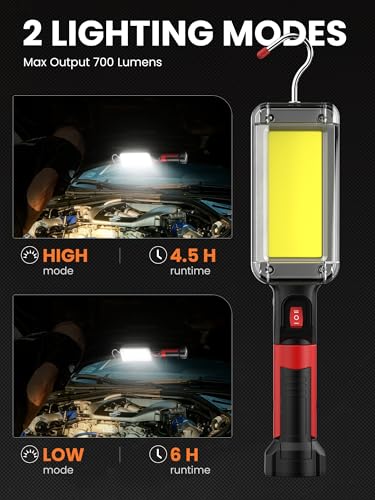 Rechargeable COB LED Work Light - Magnetic Hands-Free Trouble Light with 360° Rotating Hook, IPX4 Waterproof Drop Light for Garage Repair, Emergency | Tool Gifts for Men