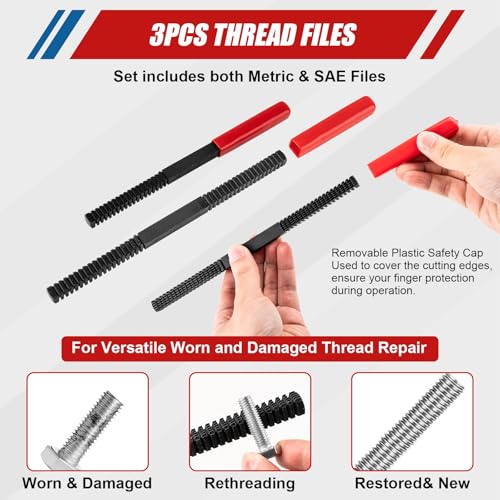 61Pcs Thread Repair Kit, UNC, UNF & Metric Thread Chaser Set, Rethread Repair Tool with Taps Dies Thread Files and Thread Pitch Gauge for Repair or Reshape Damaged Threads Bolts, Nuts and Screws