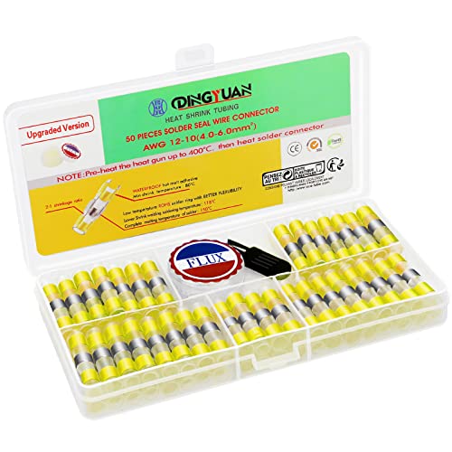 Low-Melting-Point & Lead-Free Heat Shrink Solder Seal Wire Connectors Kit with Solder Paste, Waterproof Electrical Insulated Butt Connector Splice Terminals for Marine Automotive 12-10AWG - size: Pro Yellow 50PCS