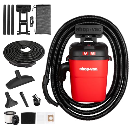Shop-Vac 3.5 Gallon 4.5 Peak HP Wall Mounted Shop Vacuum Wet and Dry | 18 Ft Long Hose, 6 Ft Cord, Storage Bag, Portable Wet Dry Vacuum with Multi-Attachments, Ideal for Garage, Car & Workshop