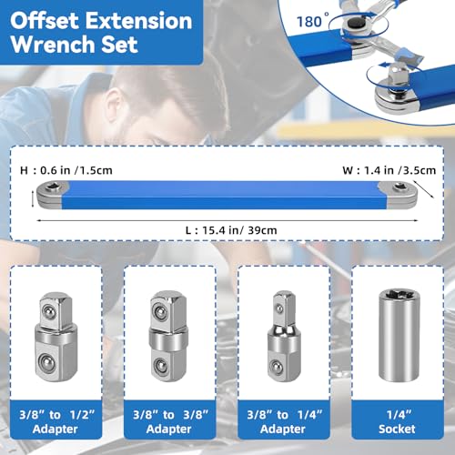 Offset Extension Wrench,15 Inch Impact Ready Socket Wrench Extender Tool Set with 1/2", 1/4" and 3/8" Square Drive Adapters, Zero Degree Ratchet Tool for Car Blue ﻿ (Blue) - color: Blue