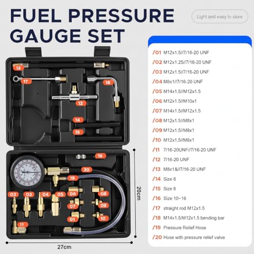 Fuel Pressure Detector kit 0-140 PSI, Universal Fuel Injection Pump Pressure Gauge kit with Quick Release Valve. ((TU-114Black)