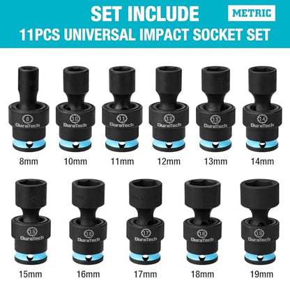 DURATECH 3/8" Drive Impact Swivel Socket Set, 11-Piece Shallow Wobble Socket Set, Metric, Cr-Mo Steel, 6 Points, Organized in Sturdy Storage Case(8-19mm) - style: 11 PCS Metric 3/8" Dr.