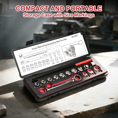 Crizendo15PCS Serpentine Belt Tool Kit, Universal Serpentine Belt Tensioner Tool with 14" Extension Bar & Ratchet Wrench, for Easy Belt Removal and Installation