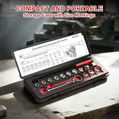 Crizendo15PCS Serpentine Belt Tool Kit, Universal Serpentine Belt Tensioner Tool with 14" Extension Bar & Ratchet Wrench, for Easy Belt Removal and Installation