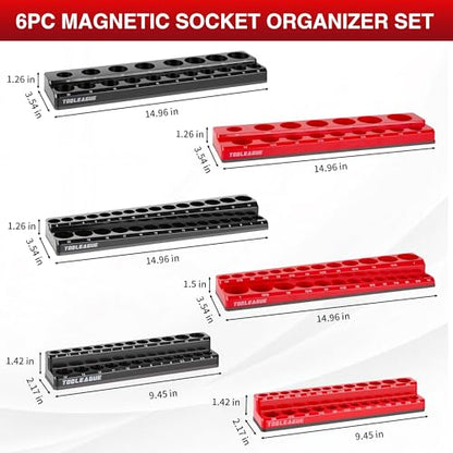 TOOLEAGUE 6Pcs Magnetic Socket Organizer Set,1/4", 3/8", 1/2" Hold 143 Pcs | Strong Magnets, Clear Sockets Size Markings, Red Metric & Black SAE Magnetic Socket Trays (Black, Red)