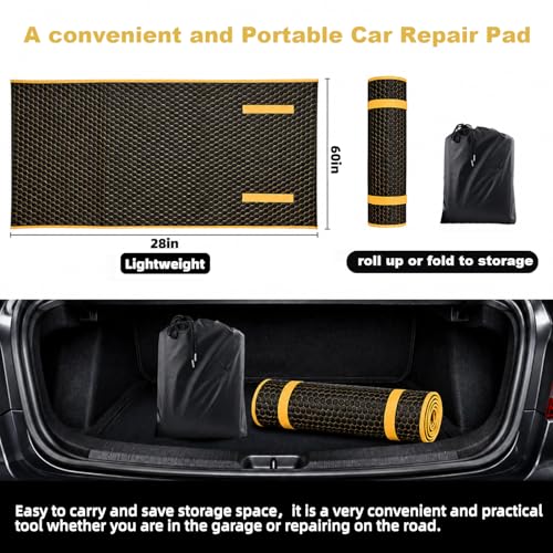 SUNCARACCL Upgrade Magic Rolling Creeper Mat, Under Car Repair Pad, 60x28 Inch Mechanics Mat for Low Clearance, Automotive Creeper Mat with Portable Storage Bag, Working on Uneven Road (Yellow)