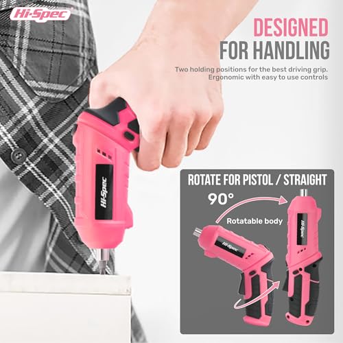 Hi-Spec 42pc Pink 4V USB Electric Power Driver & Household Tool Kit. Cordless Power Screwdriver and Hand Tools in a Compact Box Case - color: Light Pink