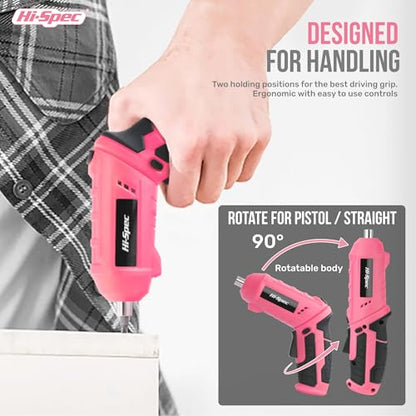 Hi-Spec 42pc Pink 4V USB Electric Power Driver & Household Tool Kit. Cordless Power Screwdriver and Hand Tools in a Compact Box Case - color: Light Pink