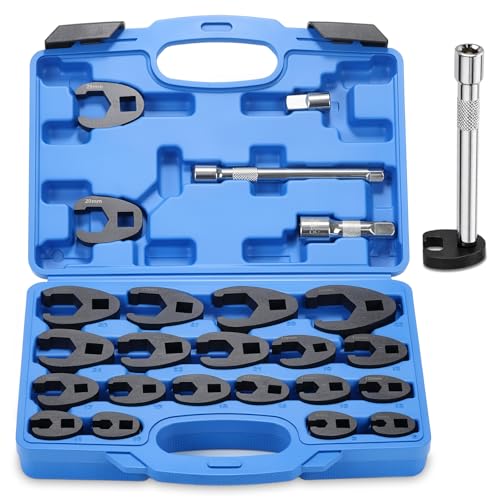 24 Pcs Drive Crows Foot Wrench Set 1/2" and 3/8" Drive Flare Nut Wrench Set with 3 Extension Bars Metric 8-32mm 6 Point Crow Foot Wrenches Kit for Brake Line, Fuel Line and Auto Repair