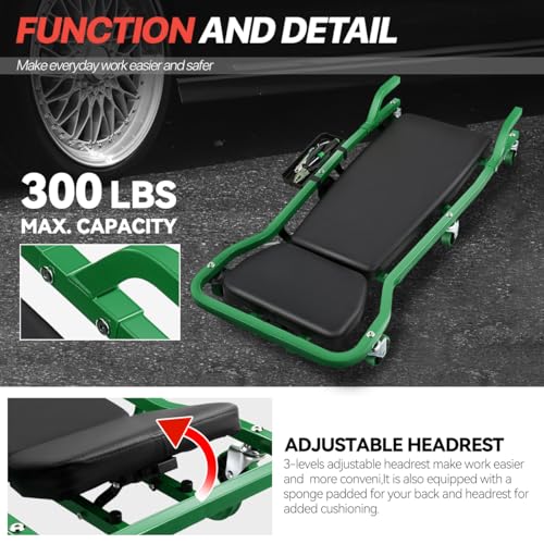 Mechanic Creeper, Low Profile Under Car Rolling Creeper with Padded Headrest and 3 Swivel Casters, 300 Pounds Capacity, 42" L x 18" W, Green