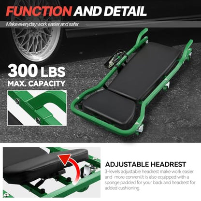 Mechanic Creeper, Low Profile Under Car Rolling Creeper with Padded Headrest and 3 Swivel Casters, 300 Pounds Capacity, 42" L x 18" W, Green