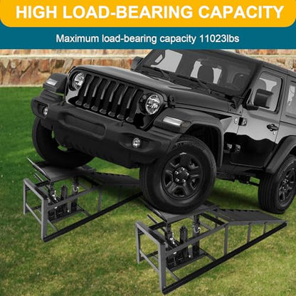 2 Pcs Black Hydraulic Car Ramps 5 Ton (11,000 LBS) Heavy Duty Steel Car Lift Ramps with Hydraulic Jack for Oil Changes & Truck Repair, Truck Trailer Garage Vehicle Ramps - color: Black