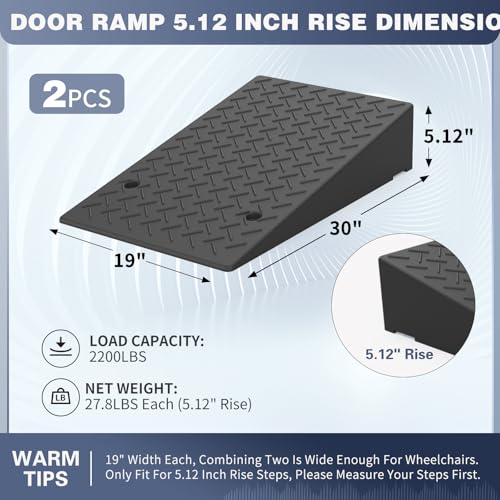 Rubber Threshold Ramp 5.12 Inch Rise, Wheelchair Rubber Door Ramp with Non-Slip Surface, Home Step Ramp with Channel for Wheelchairs/Cars/Scooters(2PCS, 2200LBs Loading) - size: 5.12IN-2PCS
