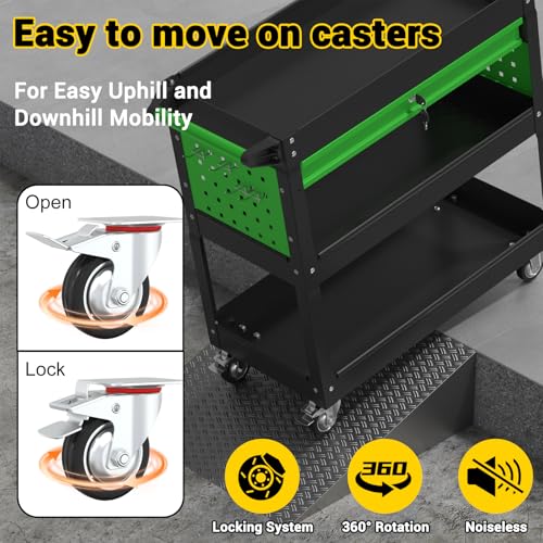 3 Tier Rolling Tool Cart on Wheels, 550 LBS Tool Cart with Drawers，Heavy Duty Utility Cart with Pegboard and Hooks，Mechanic Tool Storage Cart for Garage, Warehouse (Black-Green) - color: Black-green