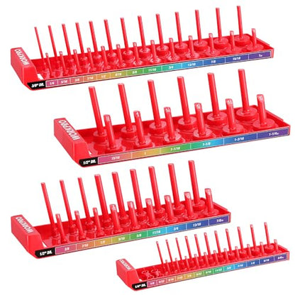 WORKPRO Socket Organizer Set, 4PC 1/4" 3/8" 1/2" Drive SAE Socket Holder | Fits Impact Sockets, Holds 82 Pieces Sockets, Large Capacity, Clear Size Identification, Socket not Included - size: 4 Pieces-1/4", 3/8", & 1/2" DR, SAE