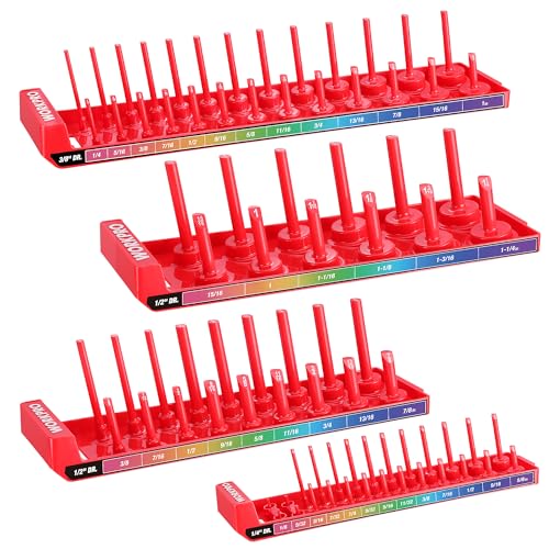 WORKPRO Socket Organizer Set, 4PC 1/4" 3/8" 1/2" Drive SAE Socket Holder | Fits Impact Sockets, Holds 82 Pieces Sockets, Large Capacity, Clear Size Identification, Socket not Included - size: 4 Pieces-1/4", 3/8", & 1/2" DR, SAE