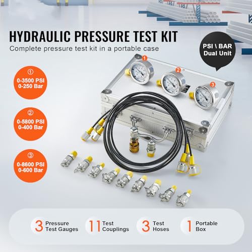 Hydraulic Pressure Test Kit, 250/400/600bar, 3 Gauges 11 Test Couplings 3 Test Hoses, Excavator Hydraulic Test Gauge Set with Portable Carrying Case for Excavator Tractors Construction Machinery | Excavator Hydraulic Test Gauge Set with Portable Carrying