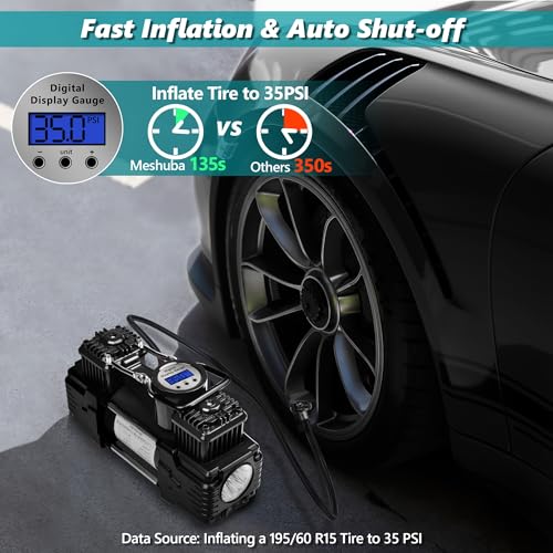 Dual Cylinder Portable Tire Inflator Air Compressor, 150 PSI 12V DC Air Pump with Digital Display, Emergency LED Light, Auto Shut-Off, Heavy Duty - color: Black