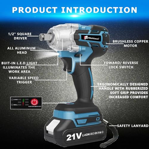 Cordless Impact Wrench 1/2 Inch,21V Brushless Impact Gun with 2 Pack 3.0Ah Battery and Fast Charger,Max 550N.m 3000RPM High Torque Repair And Installation Tools,Impact Wrench with 6 Size Sockets Set